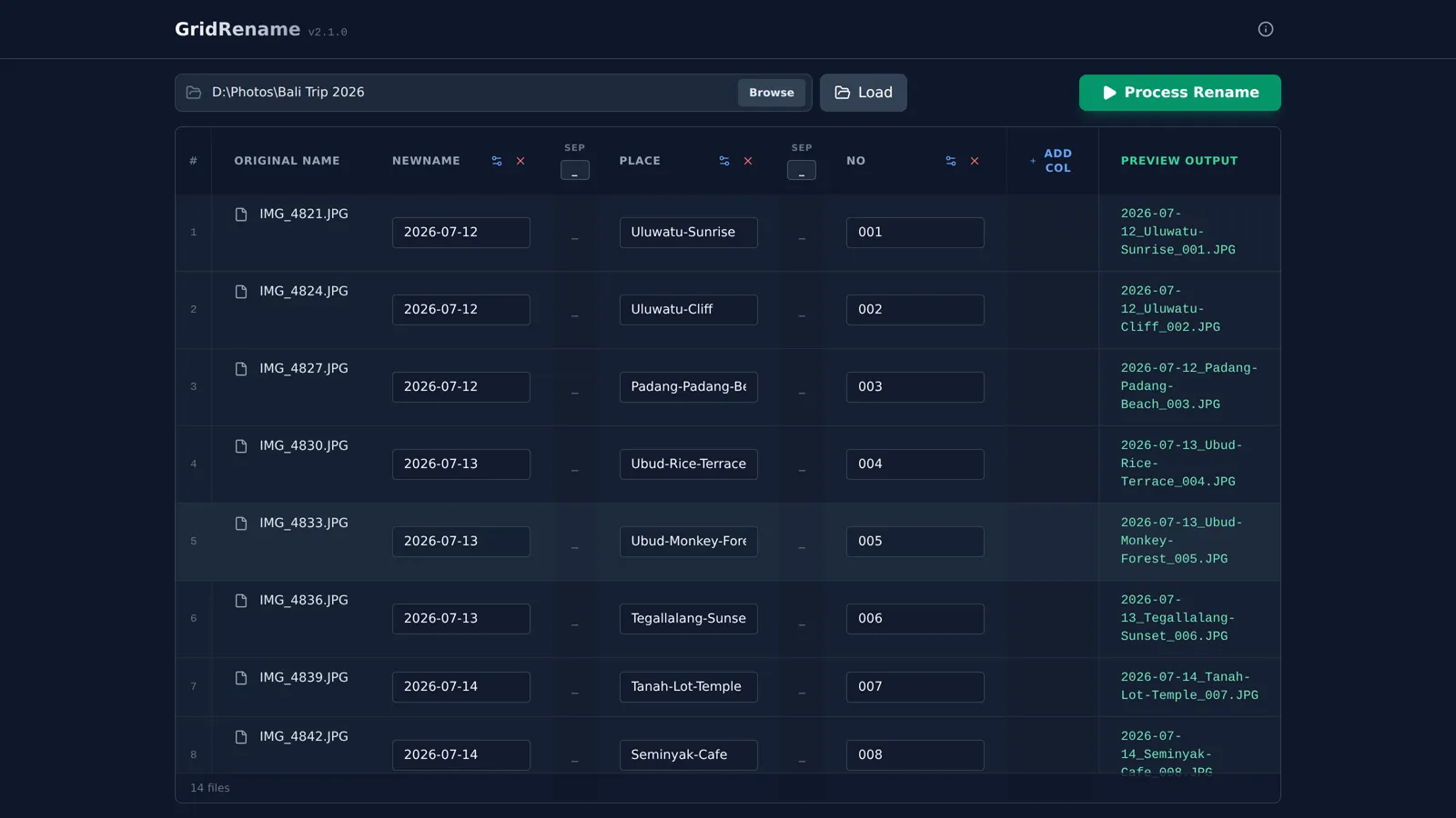 Grid with date, place and number columns and a live preview